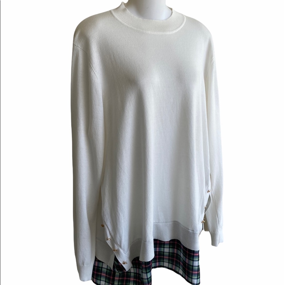 NWT Kim Rogers 2 for Sweater Shirt Combo Cream Plaid Large